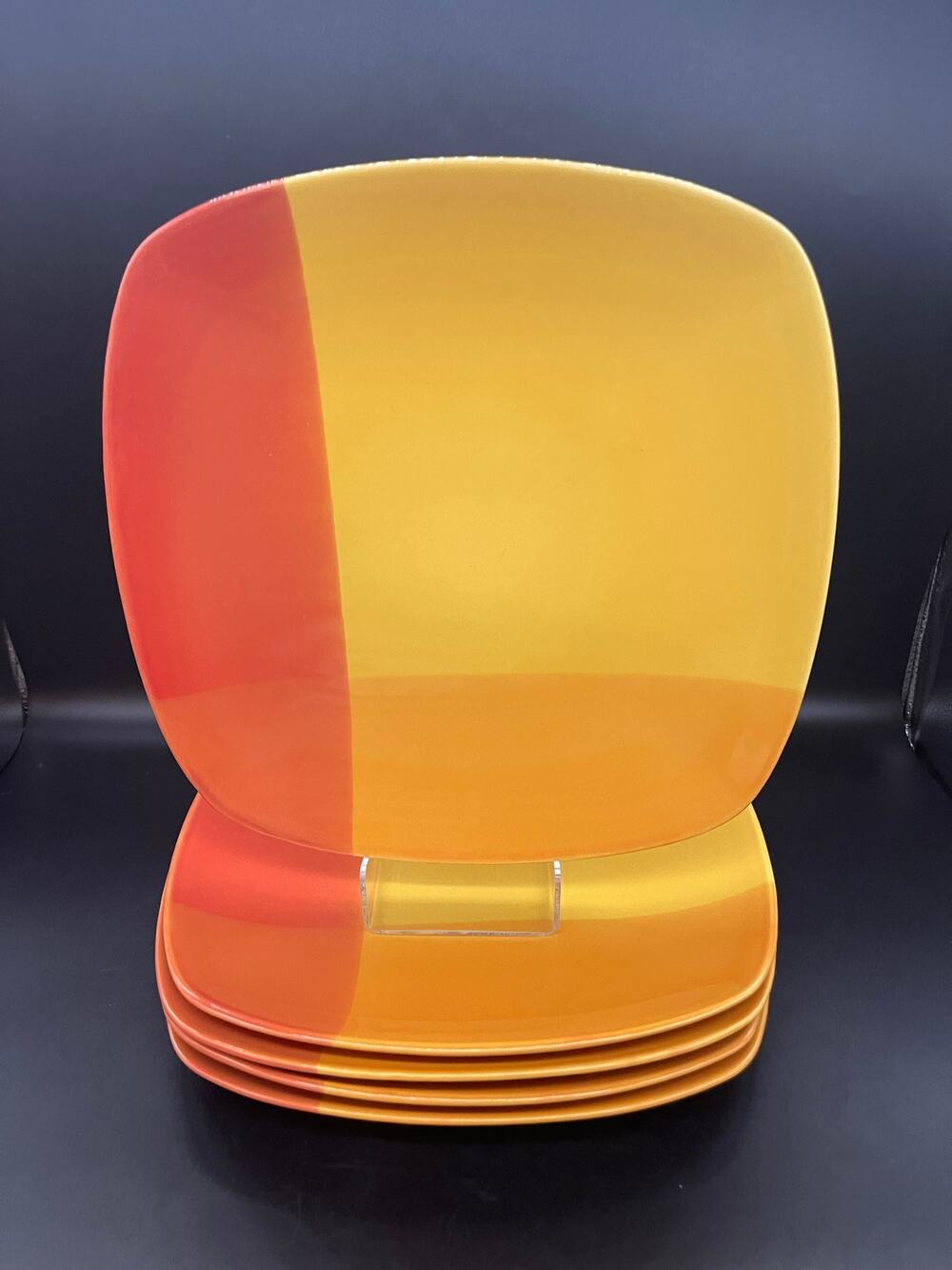 222 Fifth Color Blocks Red / Yellow Set of 5 Square Dinner Plates 11.25"